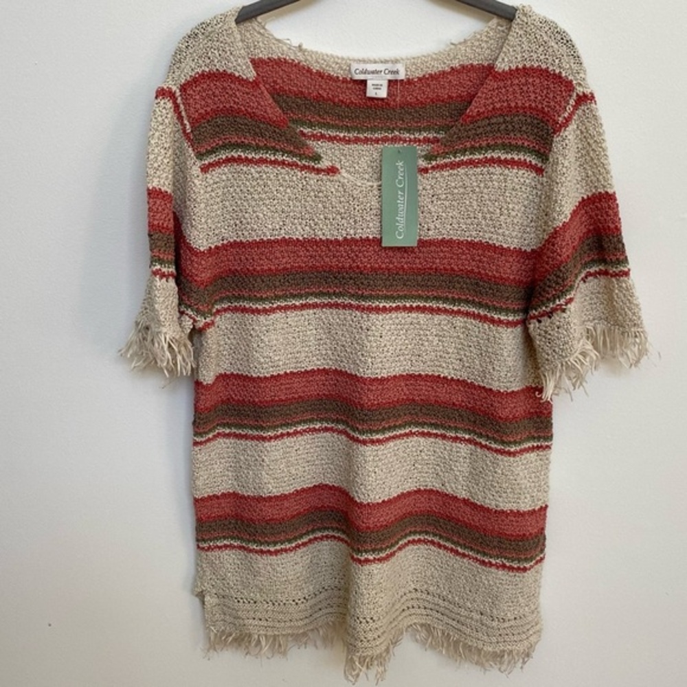 Coldwater‎ Creek Fringed Striped Short Sleeve Sweater
